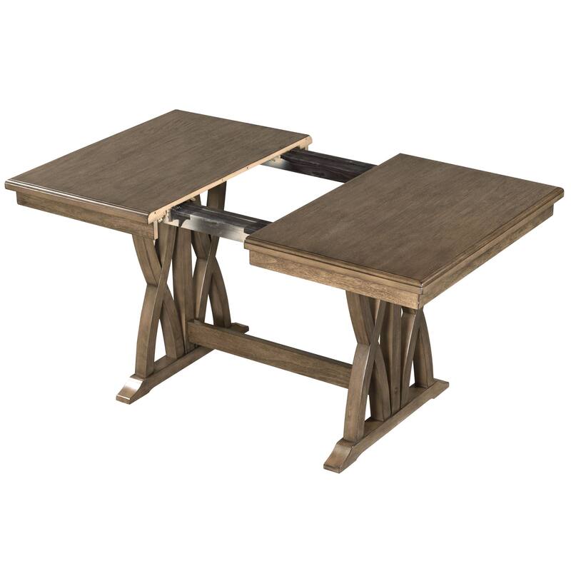 Retro Solid Wood Extendable Dining Table Set for 6 with Upholstered Chairs and 12" Leaf, Golden